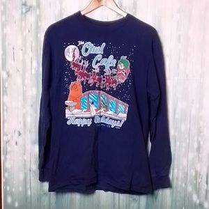 Christmas sweater owl cafe Albuquerque NM blue Large